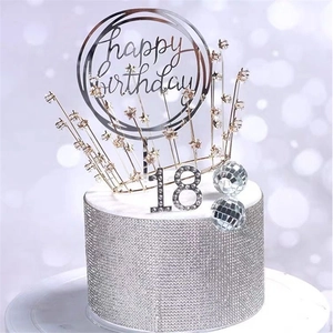 Mirror disco ball cake topper set with silver happy birthday sign and crown decoration