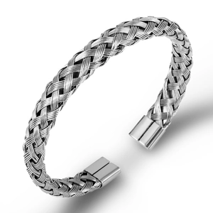 Brazalete abierto de cable trenzado de acero inoxidable para hombre y mujer en plata