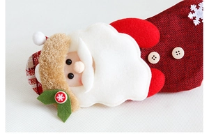 Detail of Christmas stocking featuring 3D Santa plush, sequins, and soft faux fur trim