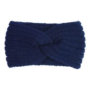 Detail of dark blue chunky knit headband with a classic twisted cross design