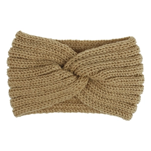 Detail shot of khaki cable knit texture and crossover design on women winter headband