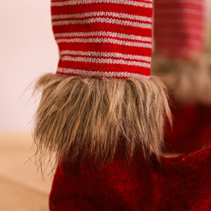 Christmas burlap forest man table leg cover with striped knit and faux fur trim