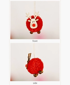 Front and side view of red wool felt reindeer ornament with wooden antlers and legs