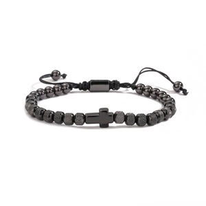 Adjustable black beaded bracelet with metal pineapple beads and a cross pendant for men