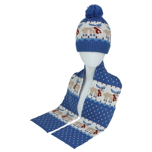 Détails de l'ensemble bonnet et écharpe en tricot avec motifs de renne bleu et flocons de neige