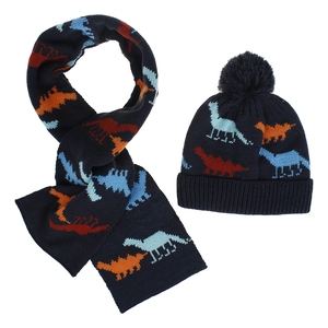 Ensemble écharpe et bonnet en tricot pour enfants avec motifs dinosaures colorés bleu marine
