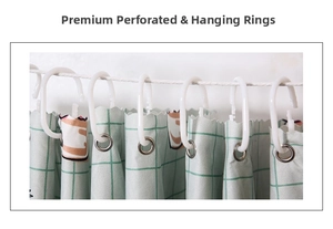 Detail of silver metal grommets and white C-shaped plastic hooks on a green plaid curtain