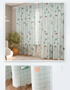 Detail of green plaid curtain featuring cactus print and scalloped hem design