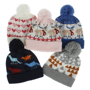 Detailed view of assorted kids knit beanies featuring dinosaur and elk jacquard patterns