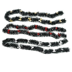 Christmas Tinsel Garland Dark Green With White Snow Tips And Colorful Bows Hanging Ornament For Holiday Party Decoration