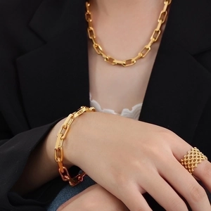 Hip hop style gold plated chunky chain necklace, bracelet and textured ring set for women