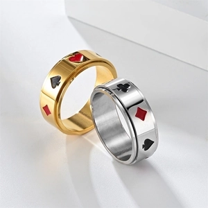 304 Stainless Steel Spinner Ring Poker Suits Spades Hearts Pattern Rotatable Anxiety Relief Fashion Jewelry For Men Women