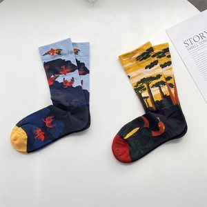 Artistic graffiti cotton socks with colorful bird, tree, and snake patterns