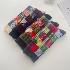 Retro Japanese color-block plaid cotton socks in Fair Isle knit style for autumn