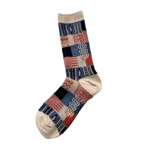 Japanese retro plaid crew socks featuring ethnic jacquard patterns in blue and rust red
