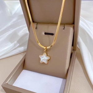 Titanium steel gold pentagram necklace with iridescent inlay in elegant jewelry gift box