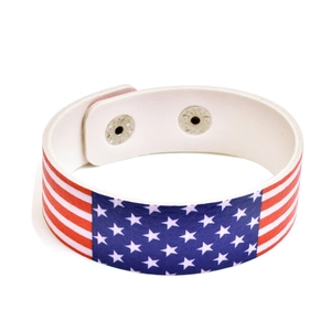 White PU leather baseball bracelet with American flag pattern and silver metal snaps
