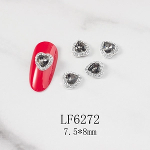 Detail of heart nail charms with grey gemstone and silver crystal frame size 7.5x8mm