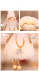 Detail of Christmas angel pendant showing white plush texture and silver glitter star