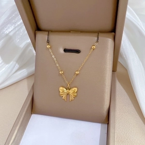 Titanium steel gold butterfly pendant necklace with bead chain in a premium jewelry box