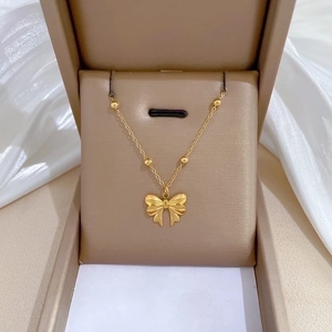 Titanium Steel Bowknot Pendant Necklace With Gold Plating Beaded Clavicle Chain For Women Elegant Sweet Jewelry Gift