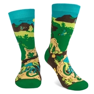 Funny cotton crew socks with knit cartoon mountain bike riding scene in green and brown