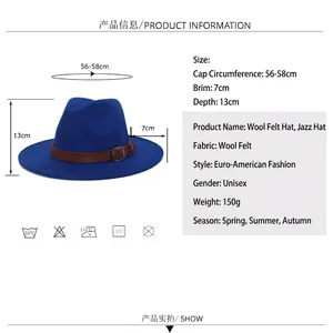Royal blue wool fedora hat with brown leather belt and flat brim for women and men
