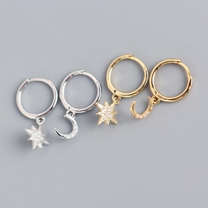 Star And Moon Asymmetric Hoop Earrings 925 Sterling Silver Cubic Zirconia Pave Minimalist Celestial Jewelry Women