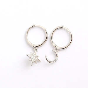 Asymmetric S925 sterling silver star and moon earrings with sparkling zircon stones