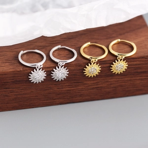 Elegant 925 silver sunflower hoop earrings in gold and silver finishes with zircon