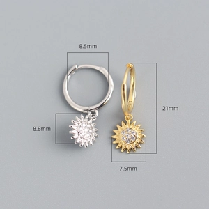 Detailed dimensions of silver and gold sunflower earrings with sparkling cubic zirconia