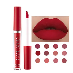 Set de 12 labiales líquidos mate resistentes al agua con tonos rojos duraderos y muestras labiales