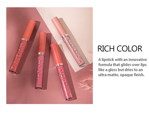 Diseño artístico de cuatro labiales líquidos mate en tonos rosa y rojo intenso
