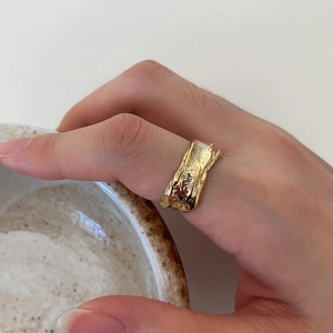 French style 925 sterling silver irregular gold wide ring with textured lava design