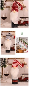 Close-up of knitted Christmas gnome wine bottle covers with snowflakes and faux fur beard