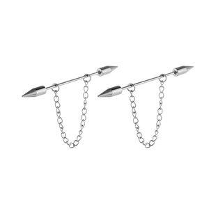 Polished stainless steel industrial barbell earring with silver chain and cone spikes