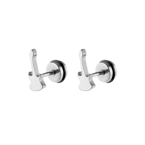 Detail view of silver stainless steel guitar stud earrings with secure rubber backs