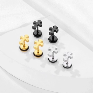 Minimalist titanium steel cross stud earrings in black, gold, and silver finishes