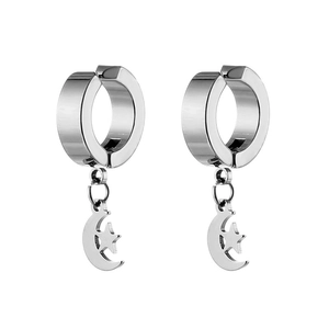 Macro detail of silver moon and star charms on stainless steel punk hoop earrings