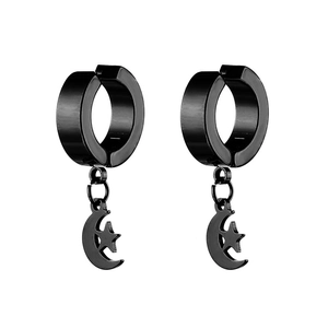 Pair of black punk star and moon stainless steel clip-on earrings for men and women