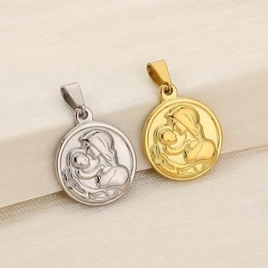 Detail of gold and silver religious portraits engraved on stainless steel pendants