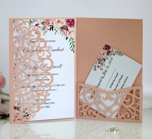 Detailed laser-cut pattern on pink floral wedding invitation set with RSVP card