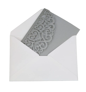 Elegant white envelope with grey laser-cut lace floral pattern wedding invitation card