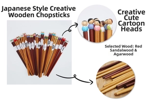 Detail of wooden chopsticks with cute cartoon characters and natural wood texture