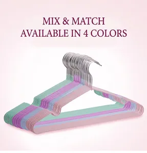 Close-up of non-slip plastic coated hangers in four macaron colors with metal hooks