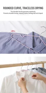 Detail of slim non-slip metal clothes hangers with plastic coating and shoulder grooves