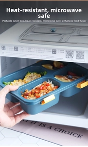 Deep blue microwave-safe plastic lunch box with 3 compartments and yellow latches
