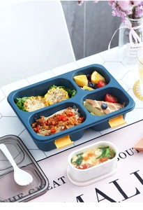 Blue 4-compartment lunch box set with soup bowl, spoon, and secure locking lid