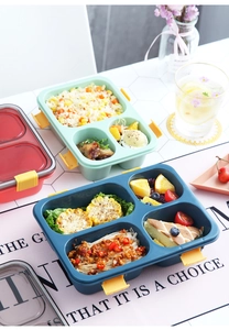 Detail of multi-compartment lunch box with secure buckles for meal prep storage