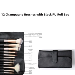 12pcs champagne gold makeup brush set with black PU leather roll-up storage pouch